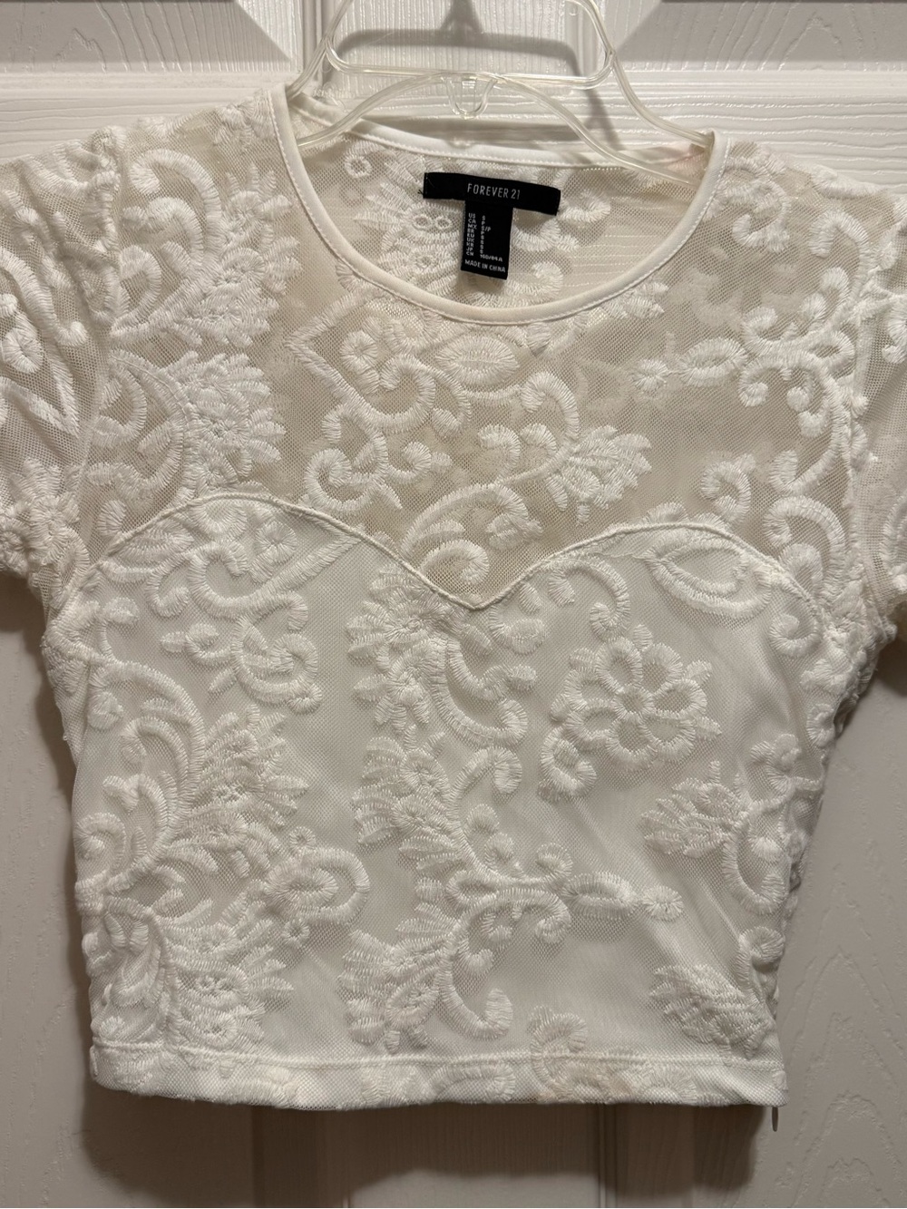 Forever 21 White Embroidered Scoop Neck Crop Top